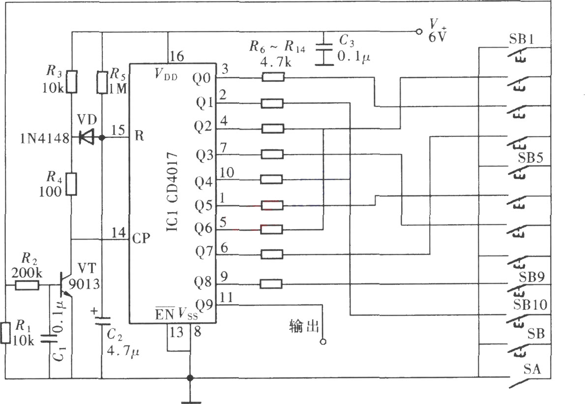 cd4017组成的九位数字密码控制器电路图