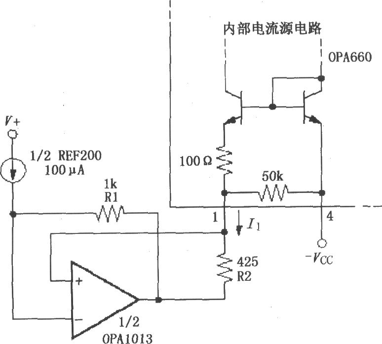 设置宽带跨导型运算放大和缓冲器opa660静态电流的控制环路电路