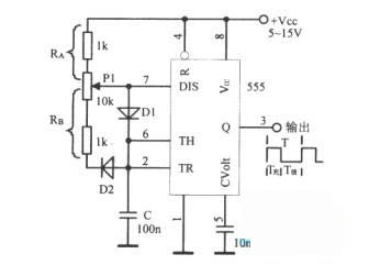 69 模拟电子技术 69 电路 > 采用555组成占空比可调的方波振荡器