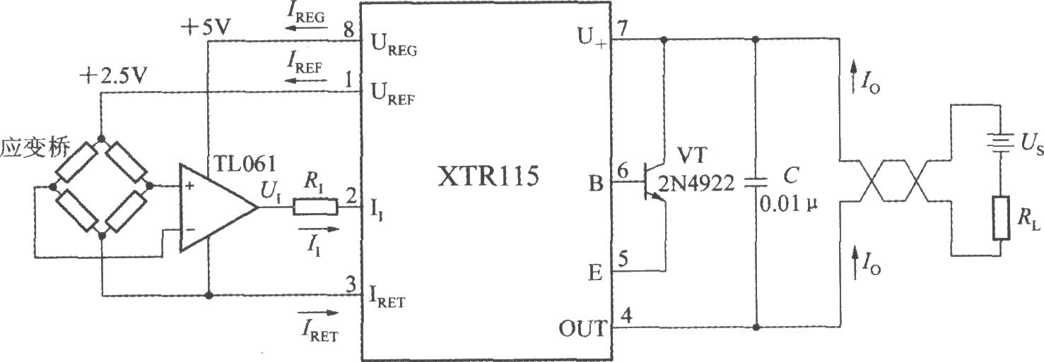 由精密电流变送器xtr115构成应变桥电流变送器电路